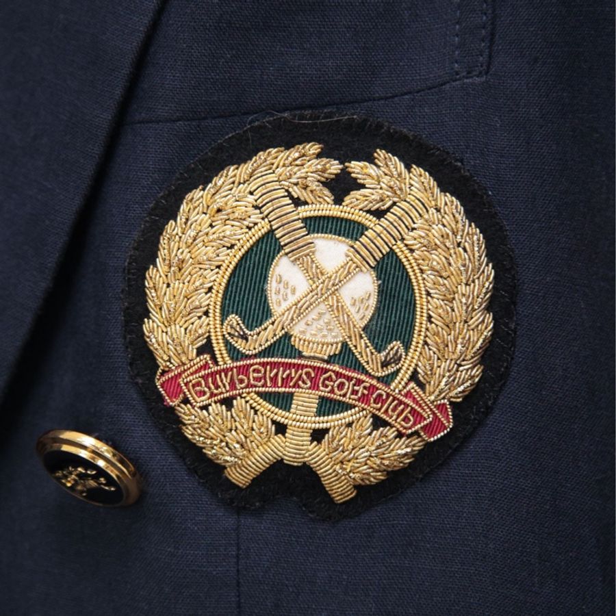 Burberry深蓝色亚麻黑金麦穗徽章双排扣西装上衣外套-35