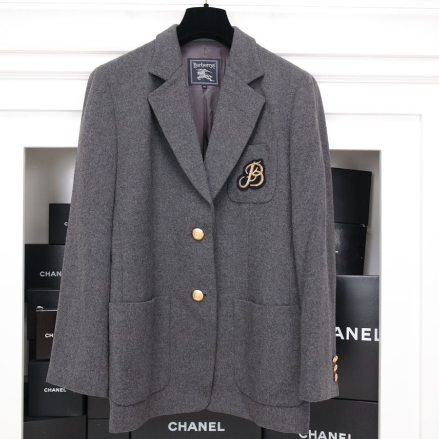 Burberry灰色毛呢黑金徽章西装上衣外套-0