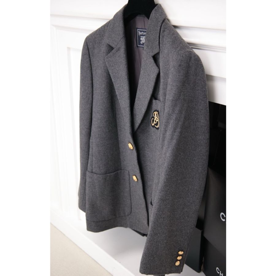 Burberry灰色毛呢黑金徽章西装上衣外套-1