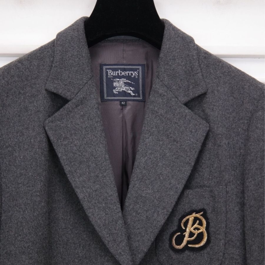Burberry灰色毛呢黑金徽章西装上衣外套-10