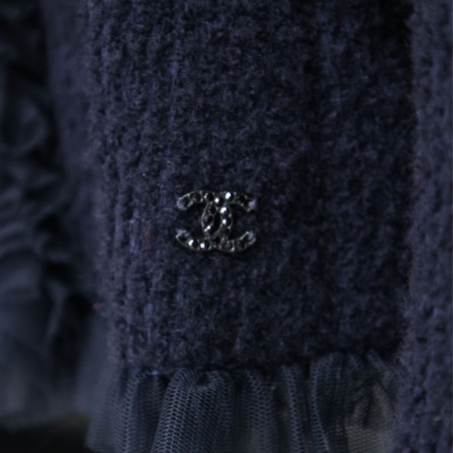 Chanel 02年深蓝色网纱小口袋斜领襟小天鹅上衣外套-26