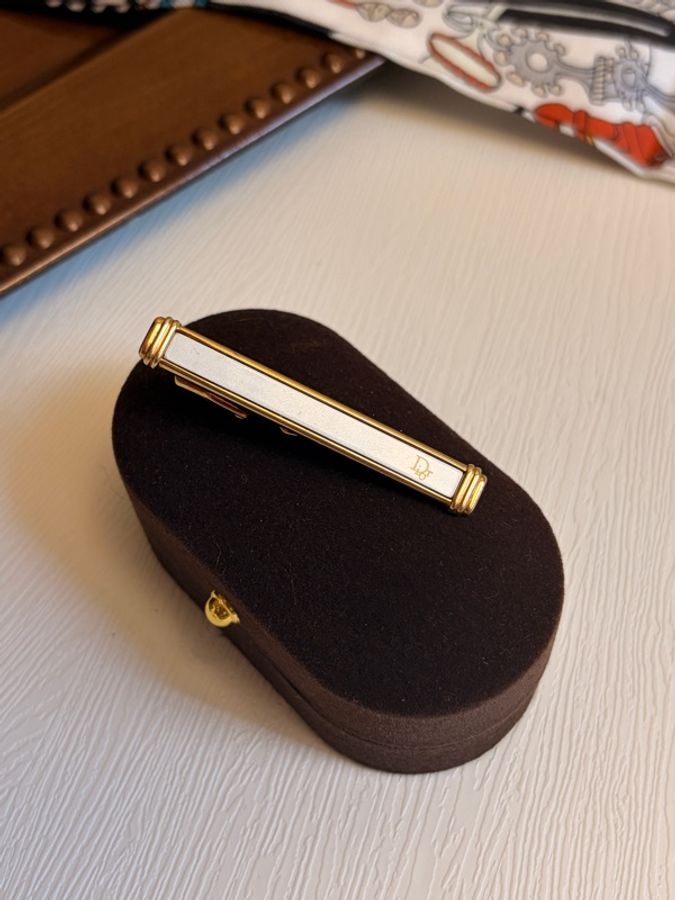 Dior 中古老花金銀雙色拼接領帶夾 西裝配件 禮物-2
