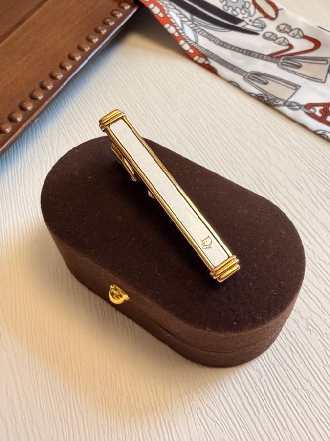 Dior 中古老花金銀雙色拼接領帶夾 西裝配件 禮物-3