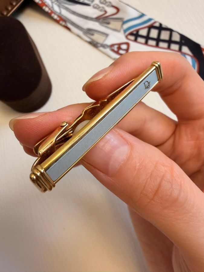 Dior 中古老花金銀雙色拼接領帶夾 西裝配件 禮物-11
