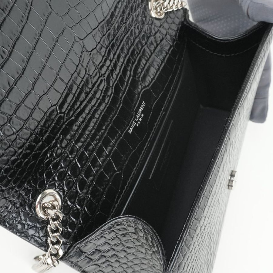 KÉSH 凱仕精品|Saint Laurent Kate 黑色鱷魚壓紋流蘇鏈條包|YSL 信封包|亮面牛皮銀鍊肩背斜背包-10