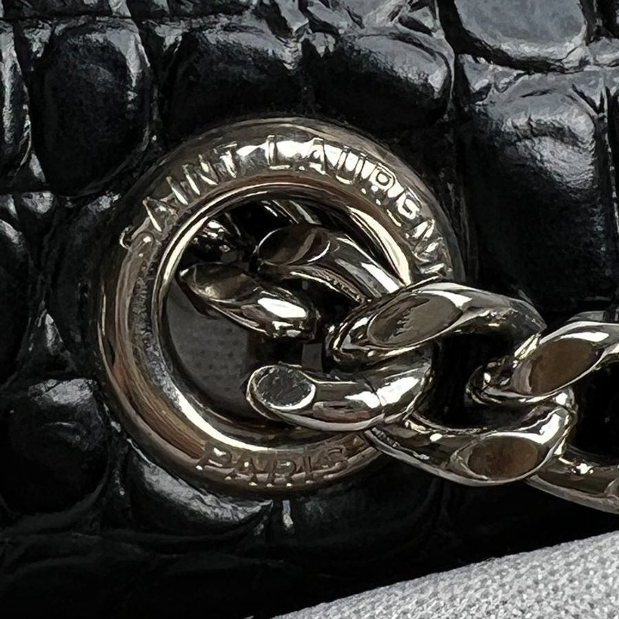 KÉSH 凱仕精品|Saint Laurent Kate 黑色鱷魚壓紋流蘇鏈條包|YSL 信封包|亮面牛皮銀鍊肩背斜背包-13