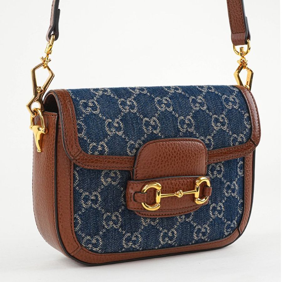 KÉSH 凱仕精品|GUCCI Horsebit 1955 丹寧老花馬銜釦斜背包|古馳 GG Denim 肩背包|小號托特包雙背帶款-5