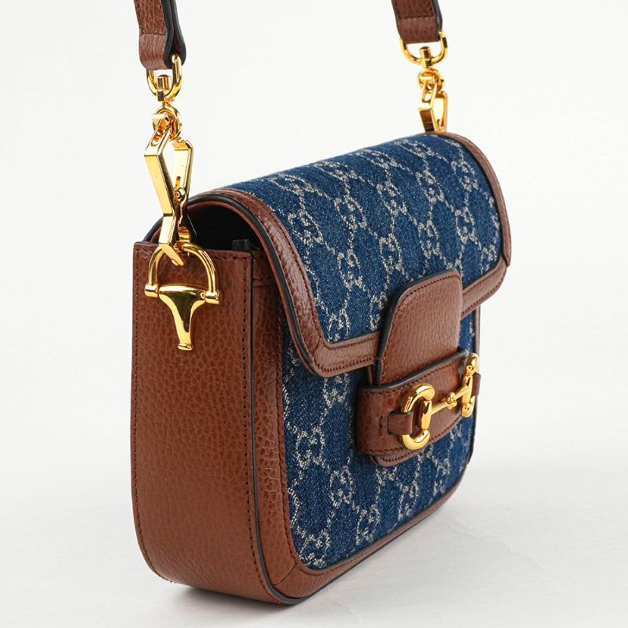 KÉSH 凱仕精品|GUCCI Horsebit 1955 丹寧老花馬銜釦斜背包|古馳 GG Denim 肩背包|小號托特包雙背帶款-7