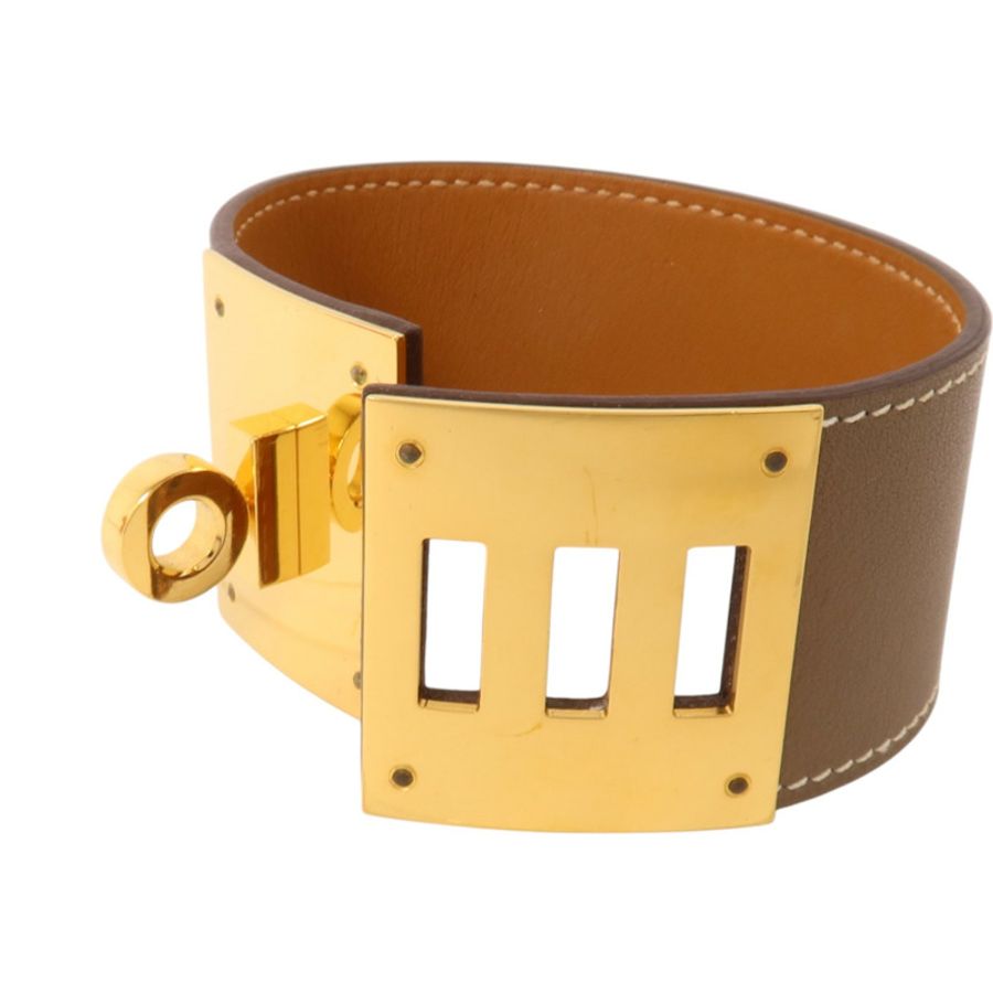 HERMES Swift皮革/金屬Kelly Dog金扣手鏈Etoupe-4