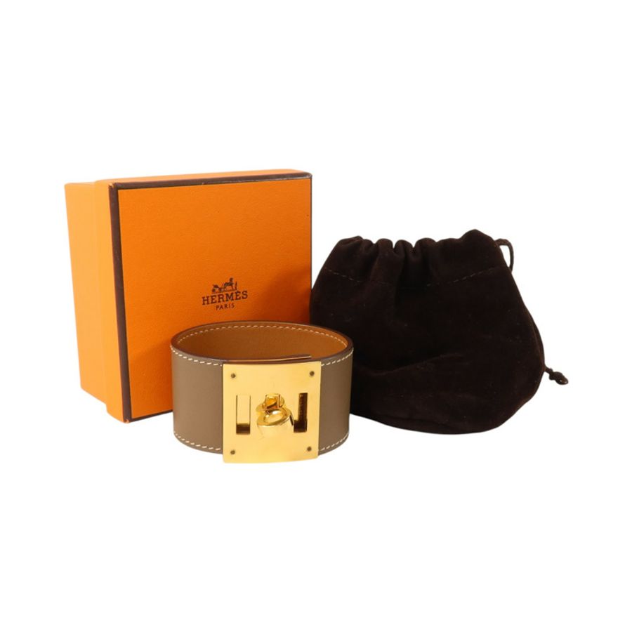 HERMES Swift皮革/金屬Kelly Dog金扣手鏈Etoupe-9