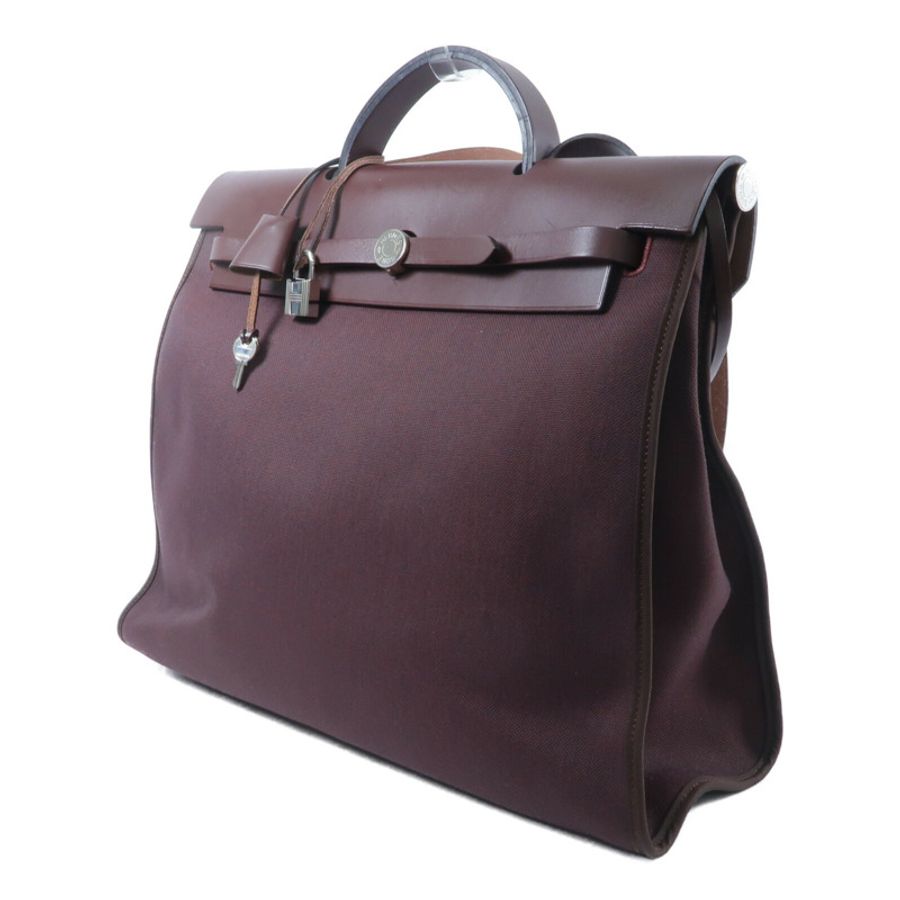 HERMES 帆布/Veau Hunter皮革Herbag MM手挽肩背兩用袋Rouge H-1