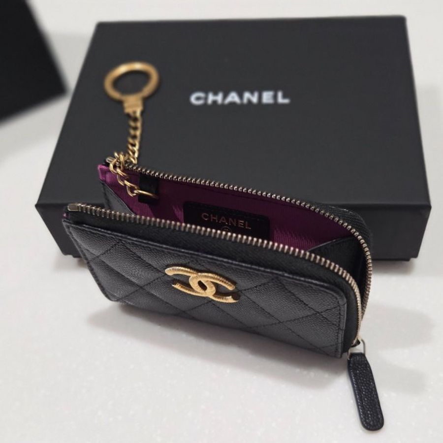 Chanel香奈兒雙C大logo黑金荔枝鑰匙扣錢包/ 鑰匙圈零錢包/ 鑰匙卡包/ 短夾-2