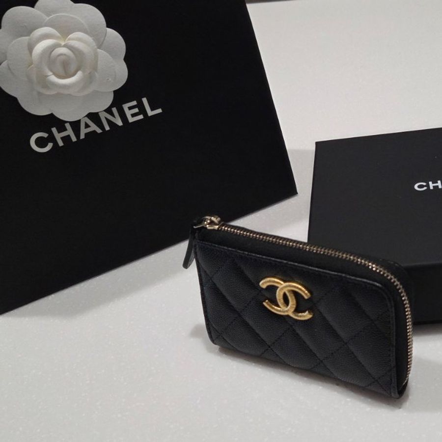 Chanel香奈兒雙C大logo黑金荔枝鑰匙扣錢包/ 鑰匙圈零錢包/ 鑰匙卡包/ 短夾-1
