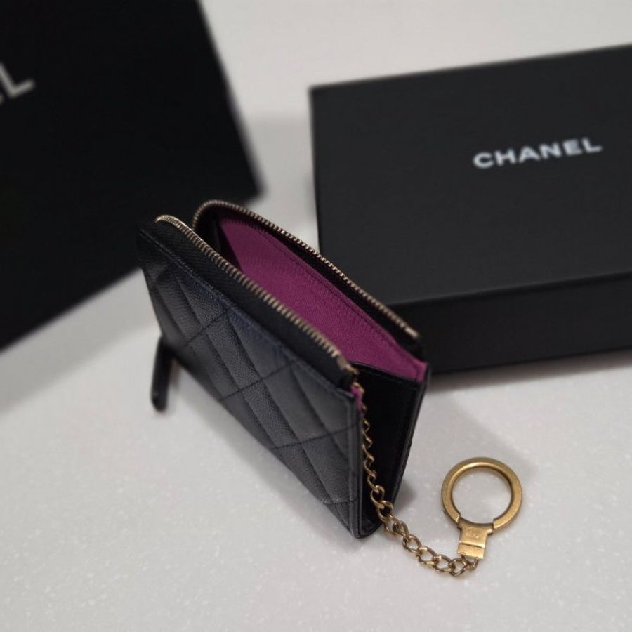 Chanel香奈兒雙C大logo黑金荔枝鑰匙扣錢包/ 鑰匙圈零錢包/ 鑰匙卡包/ 短夾-6