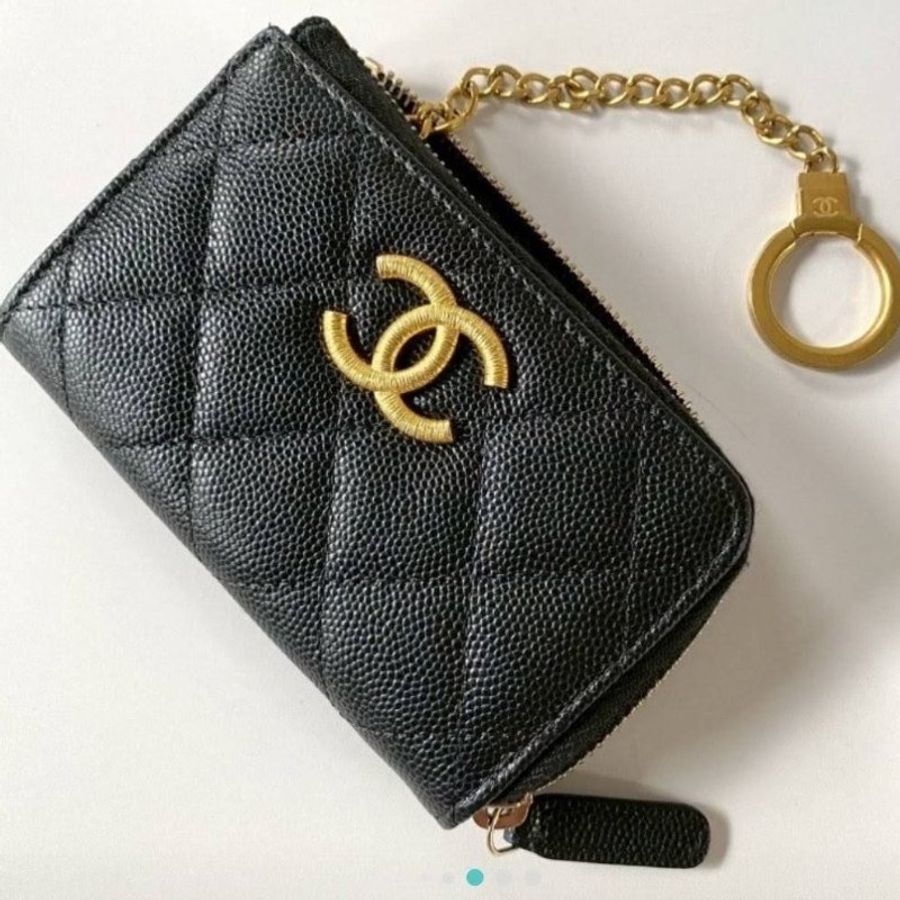 Chanel香奈兒雙C大logo黑金荔枝鑰匙扣錢包/ 鑰匙圈零錢包/ 鑰匙卡包/ 短夾-0