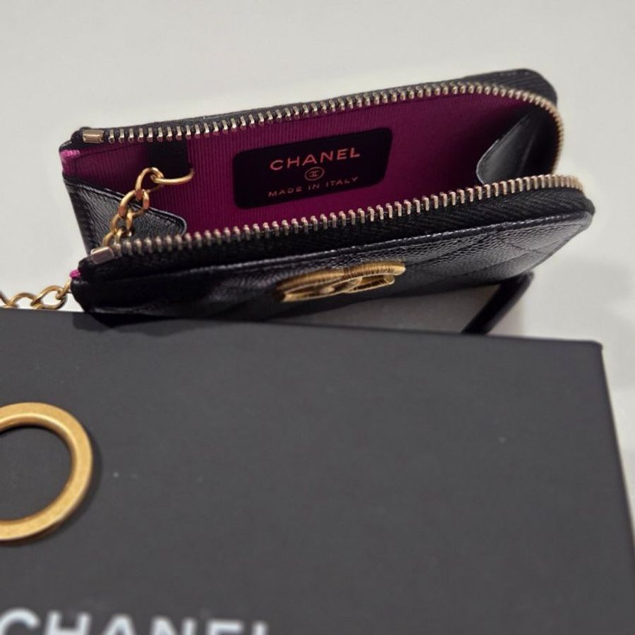 Chanel香奈兒雙C大logo黑金荔枝鑰匙扣錢包/ 鑰匙圈零錢包/ 鑰匙卡包/ 短夾-4
