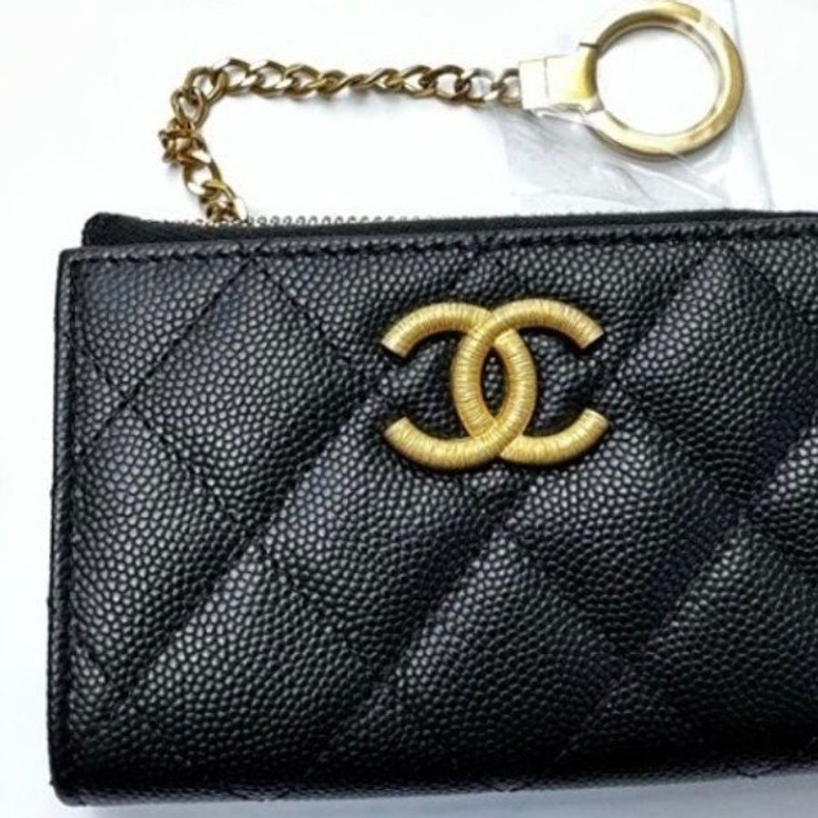 Chanel香奈兒雙C大logo黑金荔枝鑰匙扣錢包/ 鑰匙圈零錢包/ 鑰匙卡包/ 短夾-7