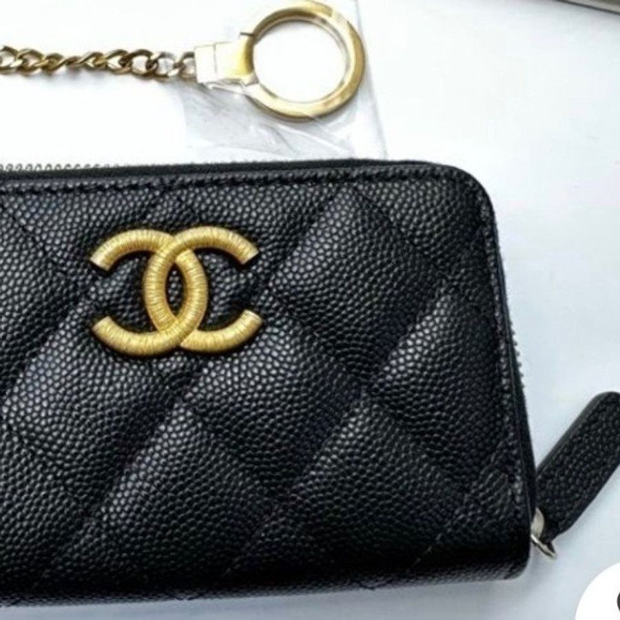 Chanel香奈兒雙C大logo黑金荔枝鑰匙扣錢包/ 鑰匙圈零錢包/ 鑰匙卡包/ 短夾-8