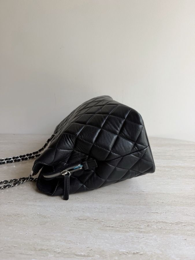 Chanel香奈兒黑銀羊皮托特包 9開 底長34cm-3