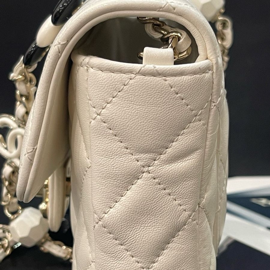 香奈兒/Chanel 23P愛心琺瑯方胖子鏈條包斜挎包 珍珠珠光白羊皮-2