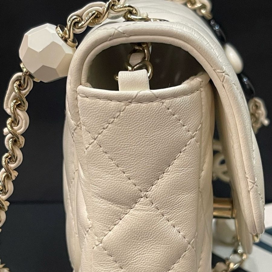 香奈兒/Chanel 23P愛心琺瑯方胖子鏈條包斜挎包 珍珠珠光白羊皮-3