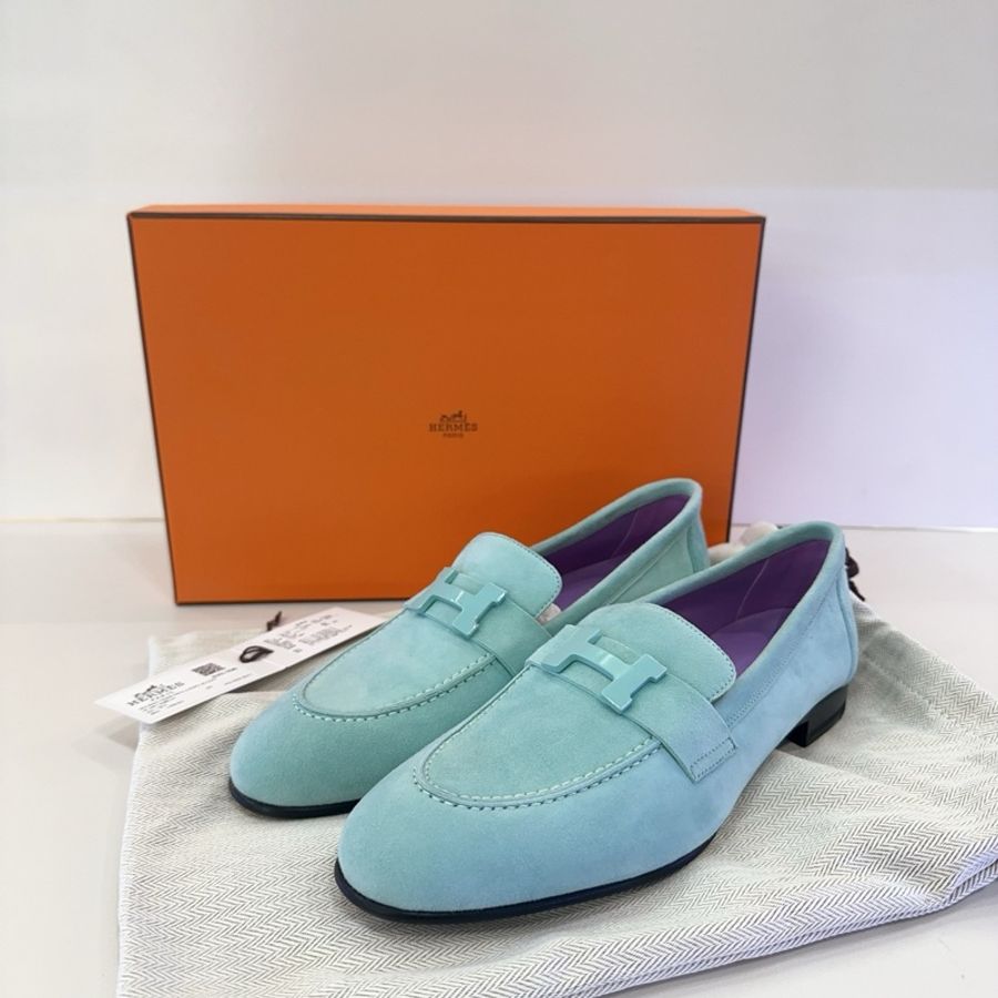 Hermes 愛馬仕經典綠色麂皮巴黎樂福鞋 尺寸37碼,有塵袋盒子-0