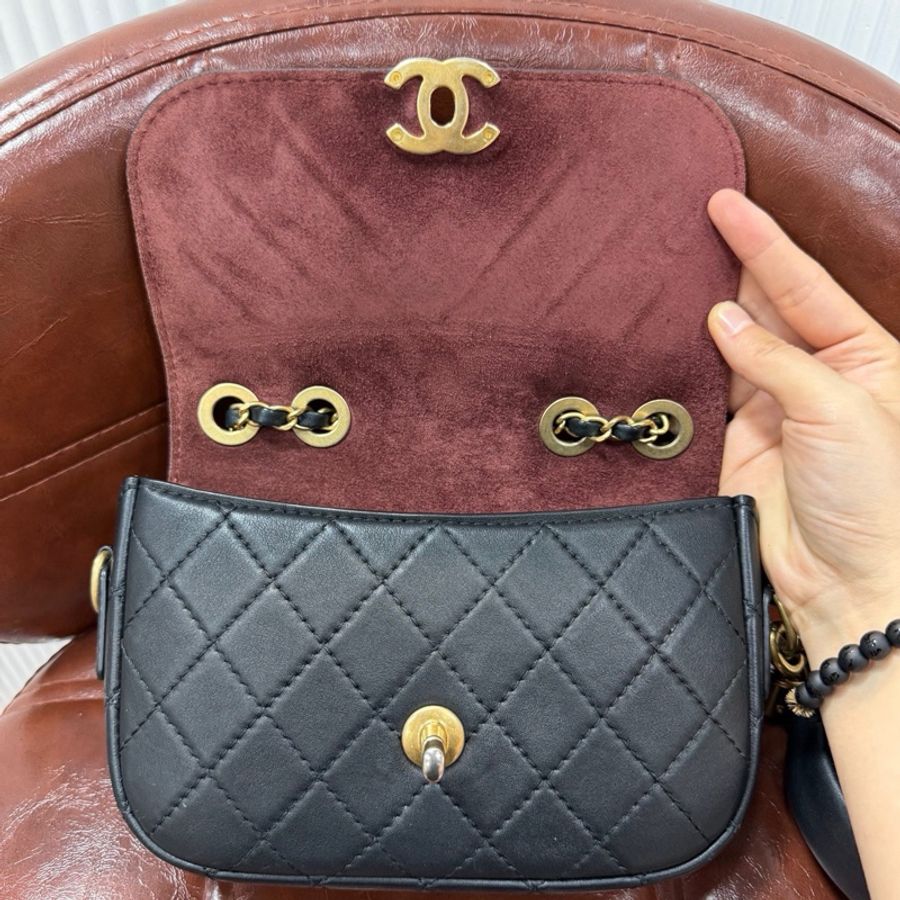 CHANEL 香奈兒 雙子星二合一鏈條包 黑金牛皮-12