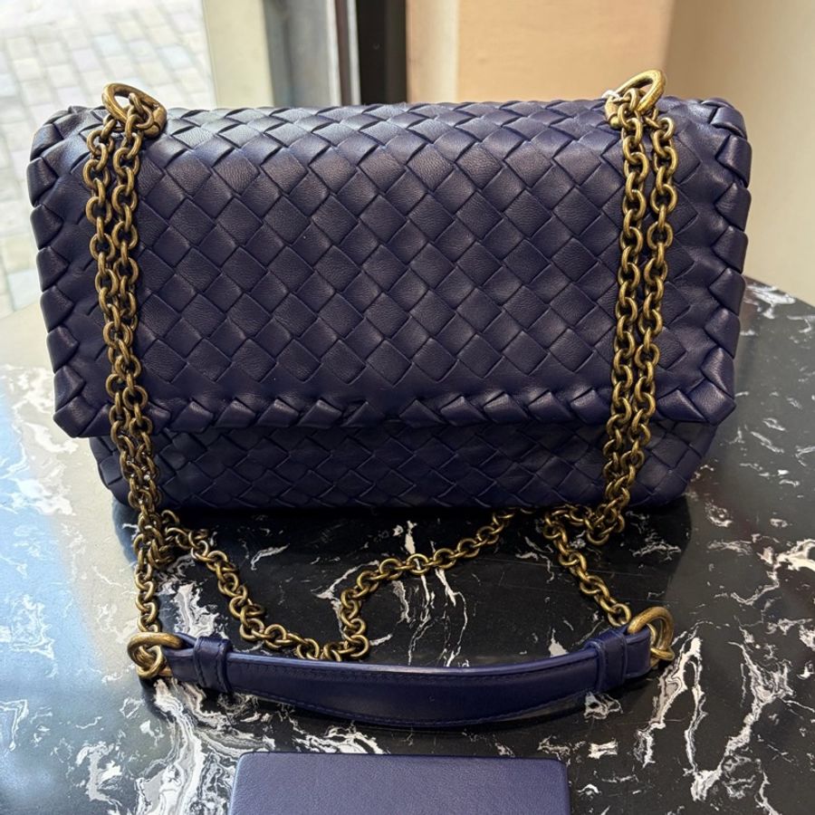 99新Bottega Veneta 葆碟家Olimpia小號藍色編織鏈條包-0