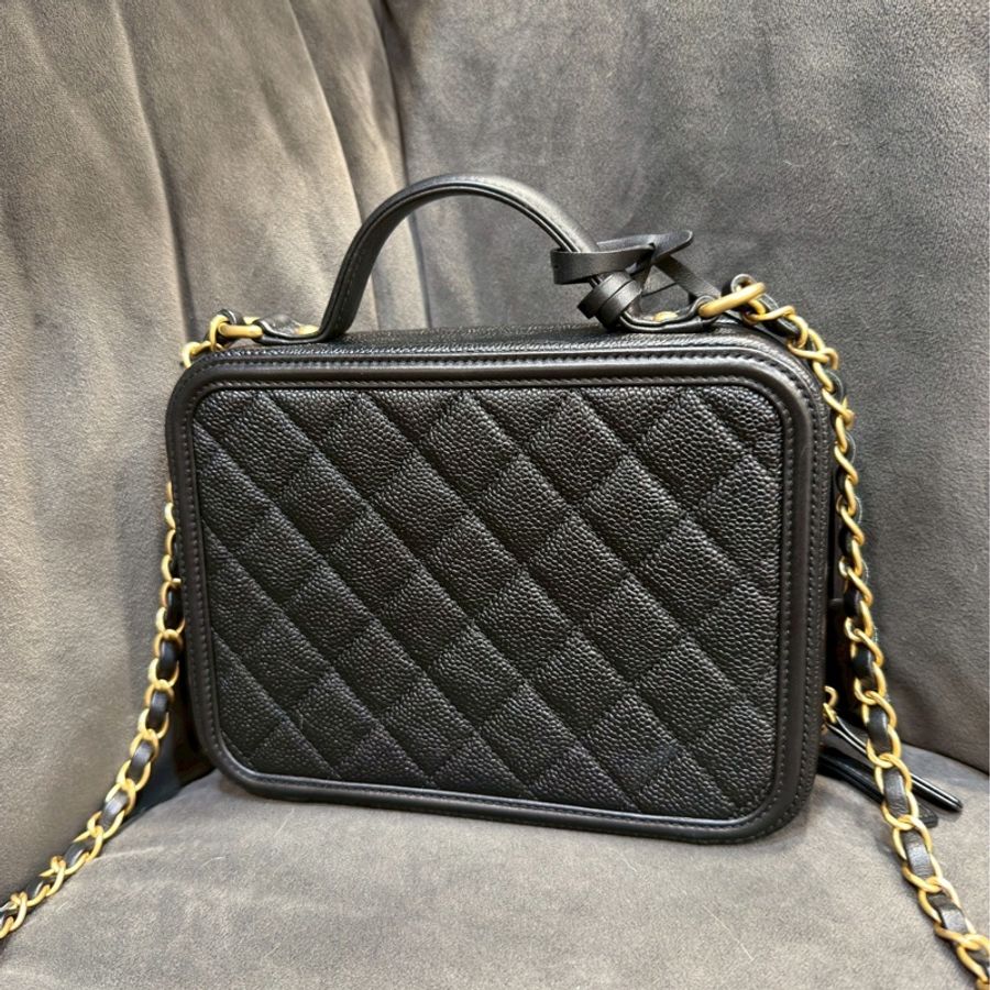全配❤️🔥99新超低價😍Chanel香奈兒經典黑金荔枝牛皮Vanity case絕版相機包化妝箱手提單肩斜挎鏈條包-12
