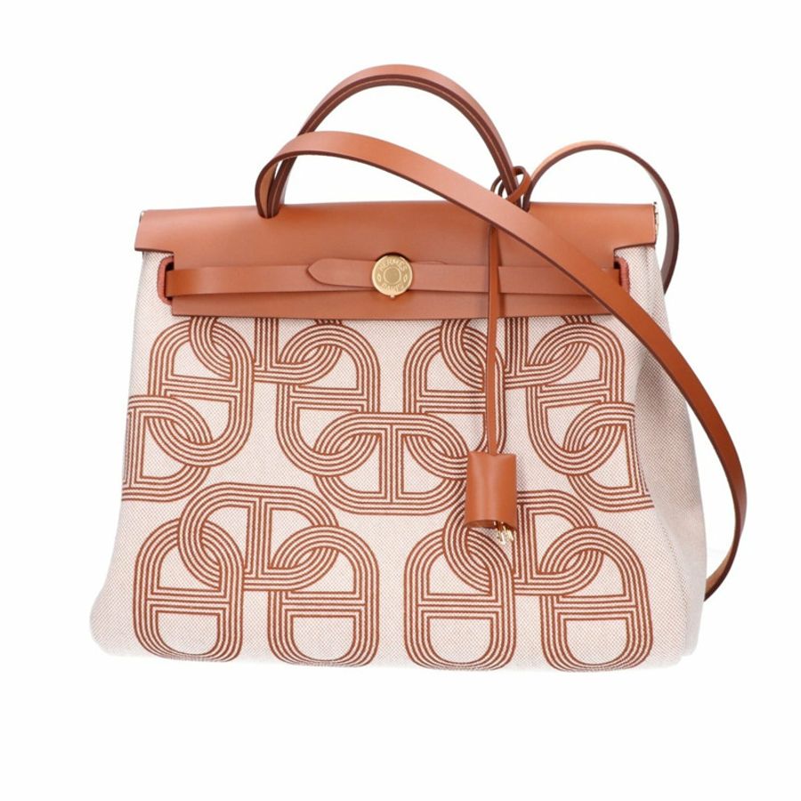 HERMES 愛馬仕 W 印章 Herbag Zip PM Letournée Chaine d'Ancre 圖案 Fauve Vache Hunter Toile H 2-way 單肩包/手提包 GD 硬體 女士-0