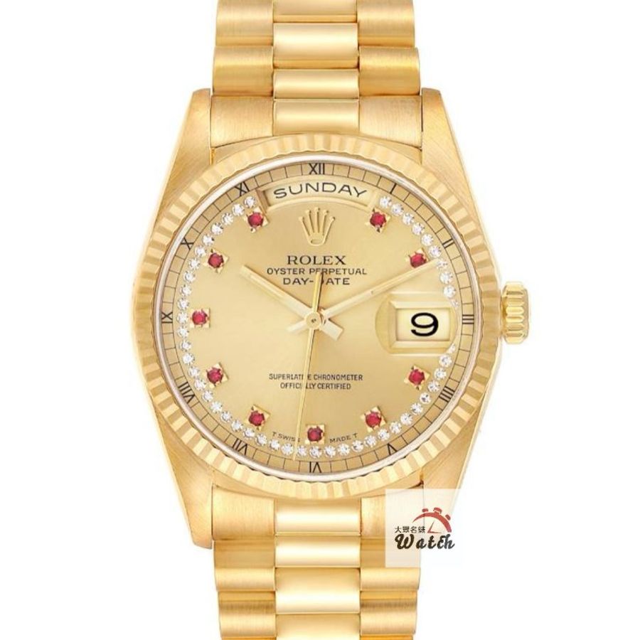 【大眾名錶】Rolex 勞力士18238 Day-Date 18K金蠔式 紅蟳錶款 小紅寶多層鑽面盤 太陽圈 錶徑36mm 自動上鍊 B1410-0