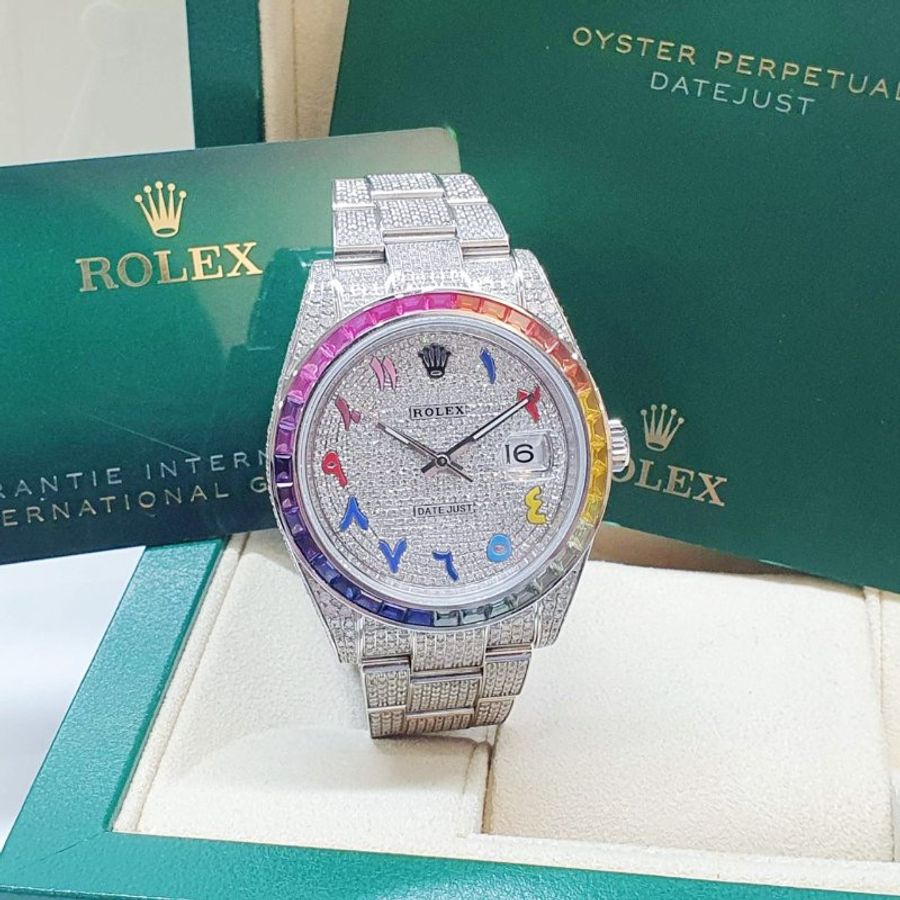 【大眾名錶】 Rolex 勞力士126300 Datejust 2025/01卡 全場焦點 後加彩虹鑽圈 精鑲滿天星鑽面 彩虹時標 後加全鑽帶 B1411-1