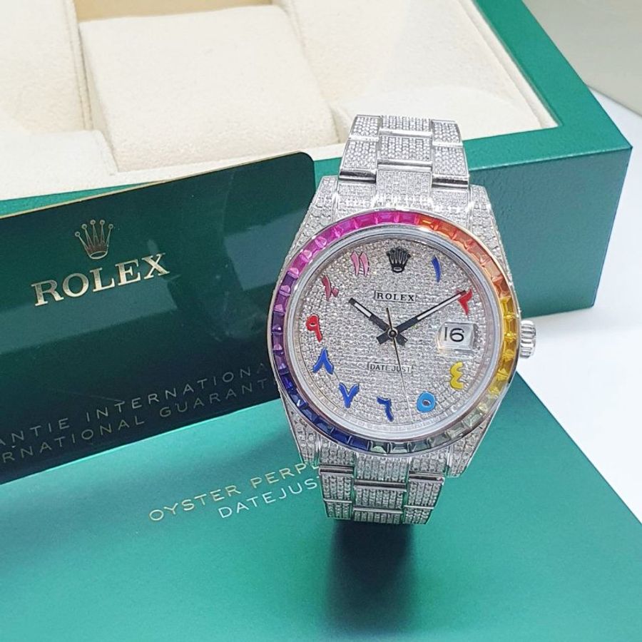 【大眾名錶】 Rolex 勞力士126300 Datejust 2025/01卡 全場焦點 後加彩虹鑽圈 精鑲滿天星鑽面 彩虹時標 後加全鑽帶 B1411-3