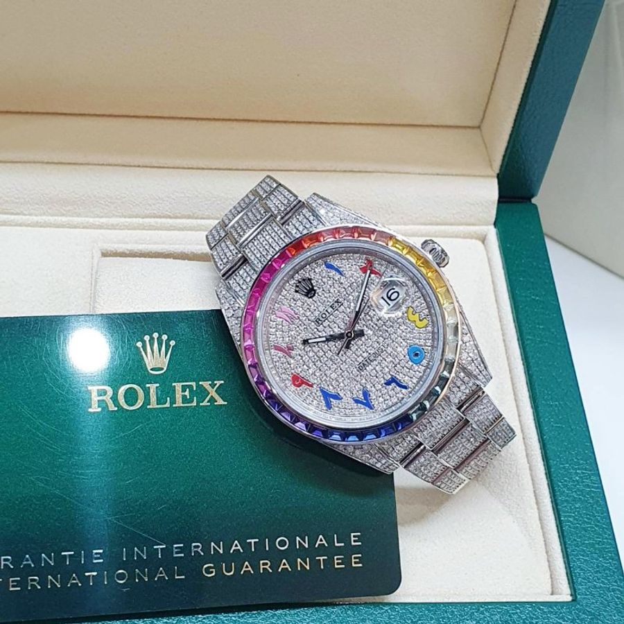 【大眾名錶】 Rolex 勞力士126300 Datejust 2025/01卡 全場焦點 後加彩虹鑽圈 精鑲滿天星鑽面 彩虹時標 後加全鑽帶 B1411-4