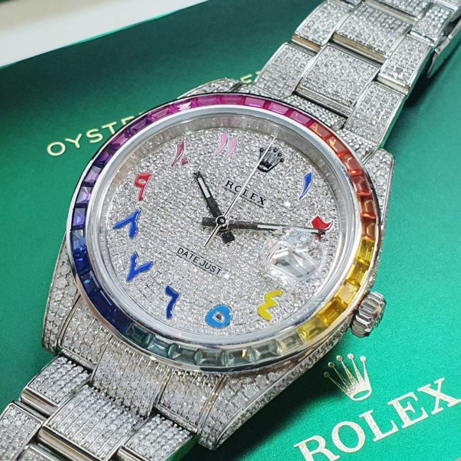 【大眾名錶】 Rolex 勞力士126300 Datejust 2025/01卡 全場焦點 後加彩虹鑽圈 精鑲滿天星鑽面 彩虹時標 後加全鑽帶 B1411-8