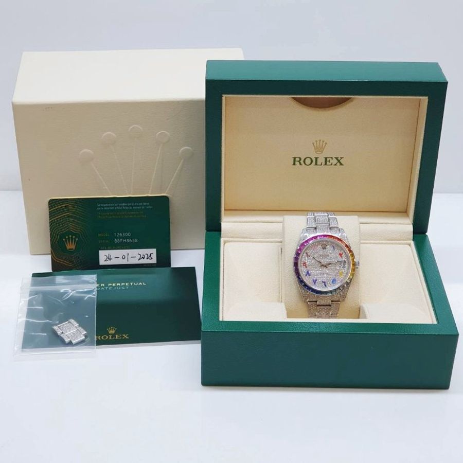 【大眾名錶】 Rolex 勞力士126300 Datejust 2025/01卡 全場焦點 後加彩虹鑽圈 精鑲滿天星鑽面 彩虹時標 後加全鑽帶 B1411-9