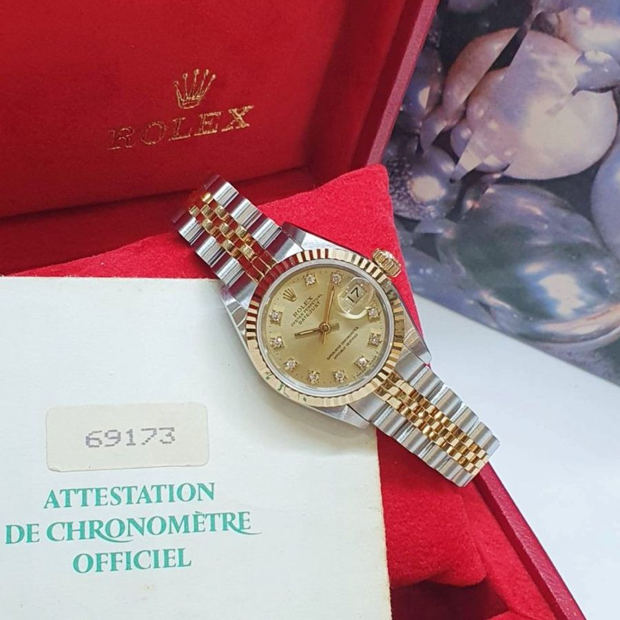 【大眾名錶】 ROLEX勞力士 69173 Datejust 蠔式女錶 經典款太陽圈 金色十鑽面盤 錶徑26mm 自動上鍊 B1412-1