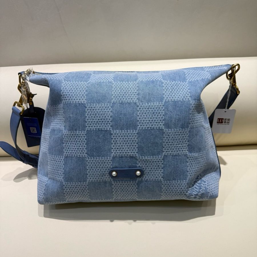 路易威登LV Vagabond Hobo 牛仔棋盤格 流浪包腋下包斜挎包單肩包 藍色 芯片-0