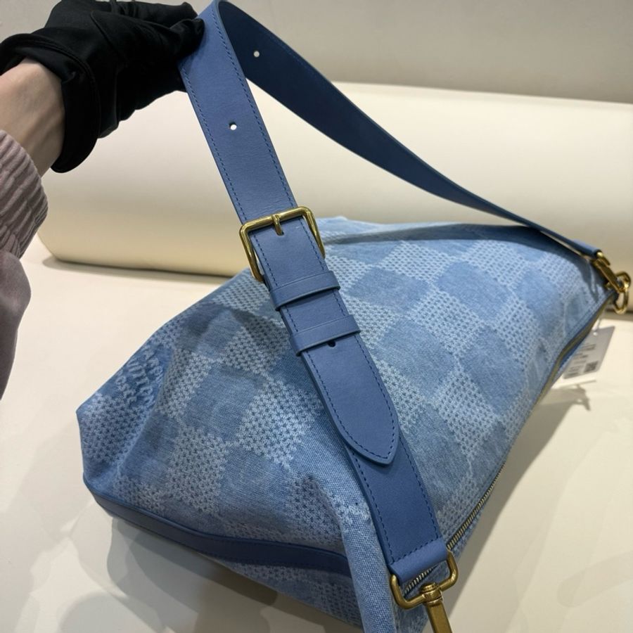 路易威登LV Vagabond Hobo 牛仔棋盤格 流浪包腋下包斜挎包單肩包 藍色 芯片-8