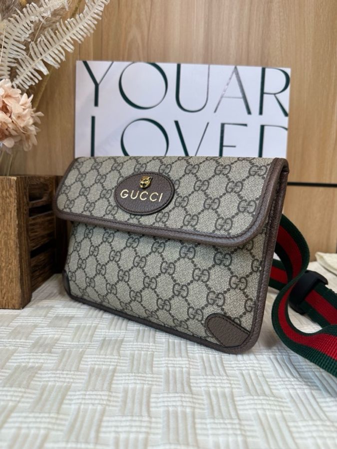 99新 古馳/Gucci 烏木色虎頭腰包 底長24cm男女同款-3