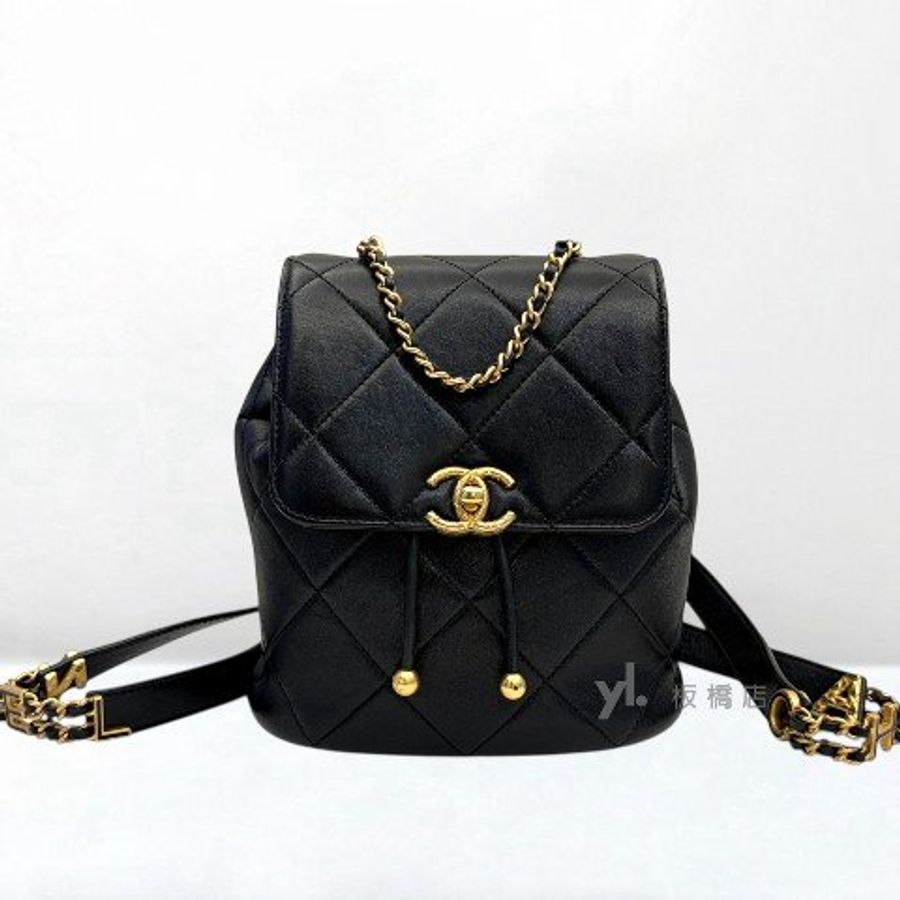 S5547-CHANEL 黑羊皮小金球口蓋後背包AS4866-1
