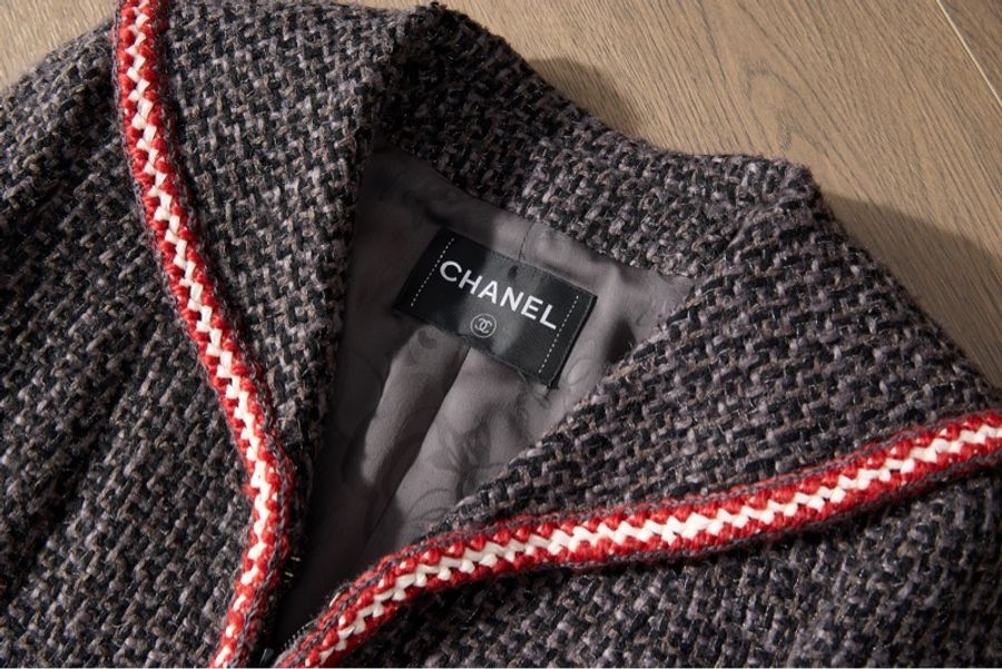Chanel灰混紡海軍領紅白滾邊Tweed-7