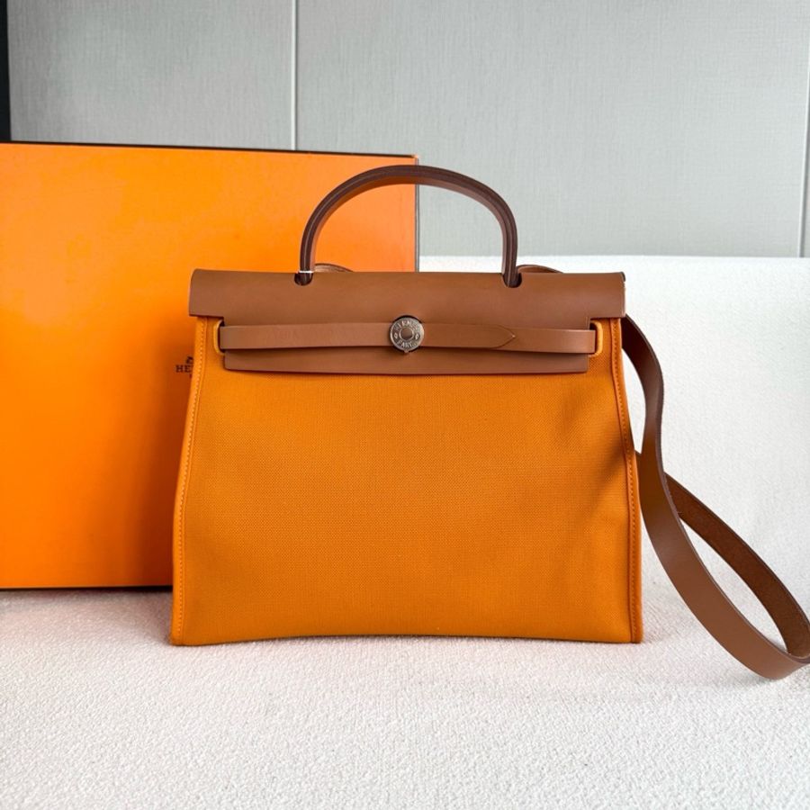 98新帶票 Hermes愛馬仕Herbag31 銀扣 橙拼棕色 帆布拼皮-2