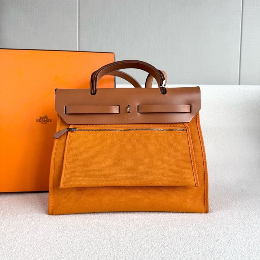98新帶票 Hermes愛馬仕Herbag31 銀扣 橙拼棕色 帆布拼皮-3