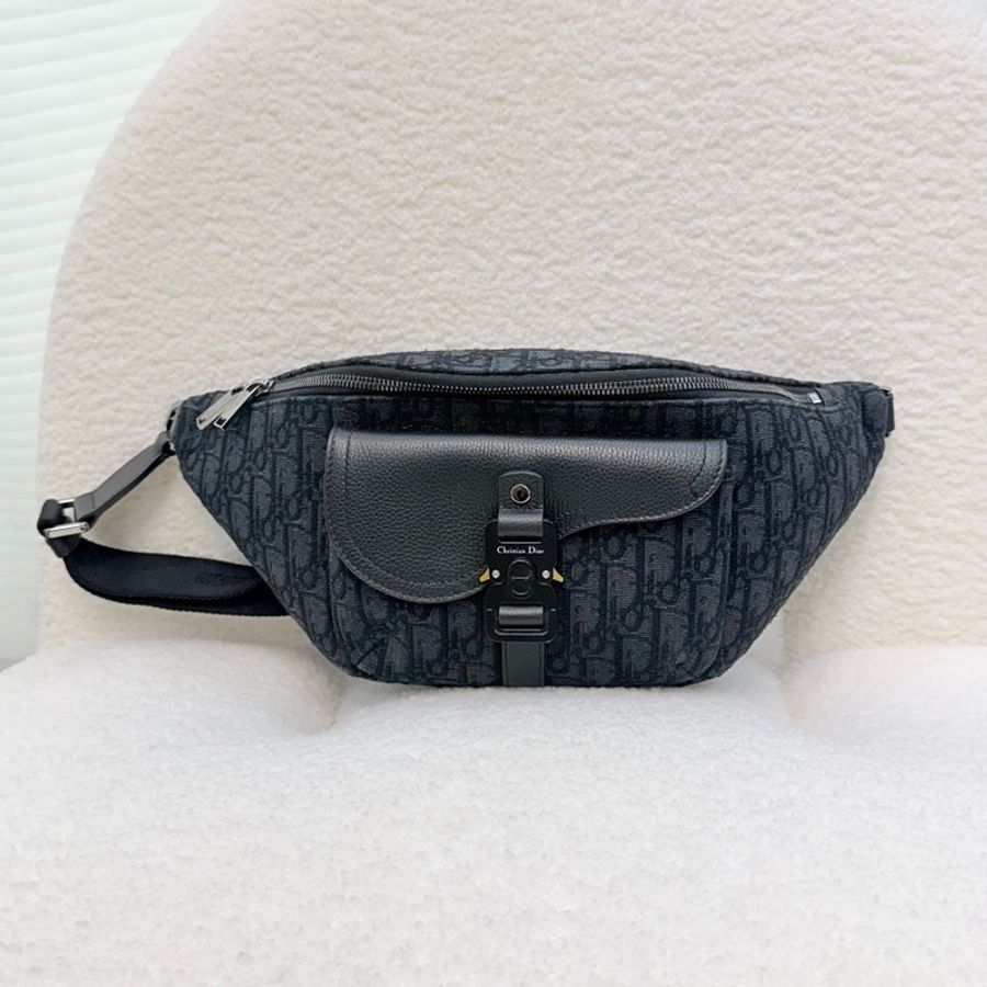 Dior 黑灰Oblique 緹花布Saddle腰包-0