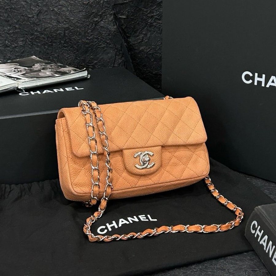 香奈兒/Chanel CF肉桂色銀扣磨砂牛皮大mini鏈條包-0