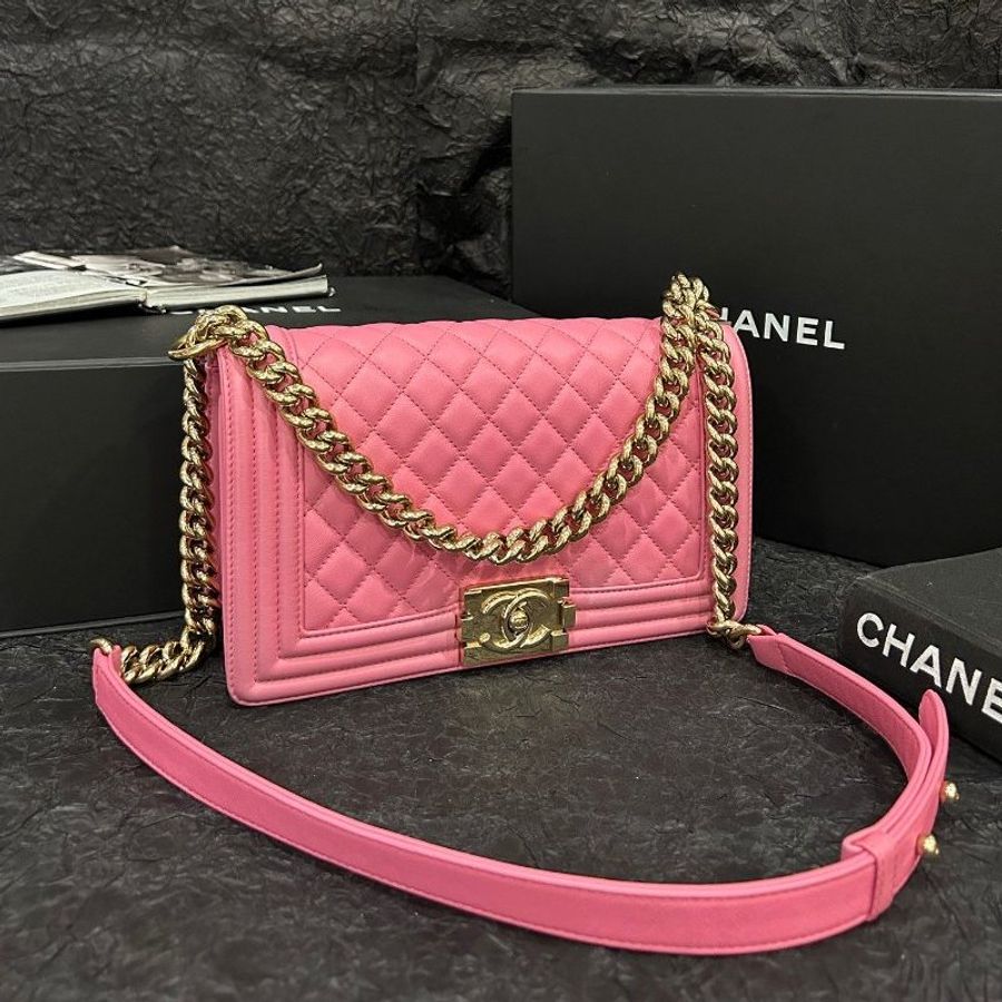 香奈兒/Chanel Leboy中號粉色金扣鏈條肩背包-6