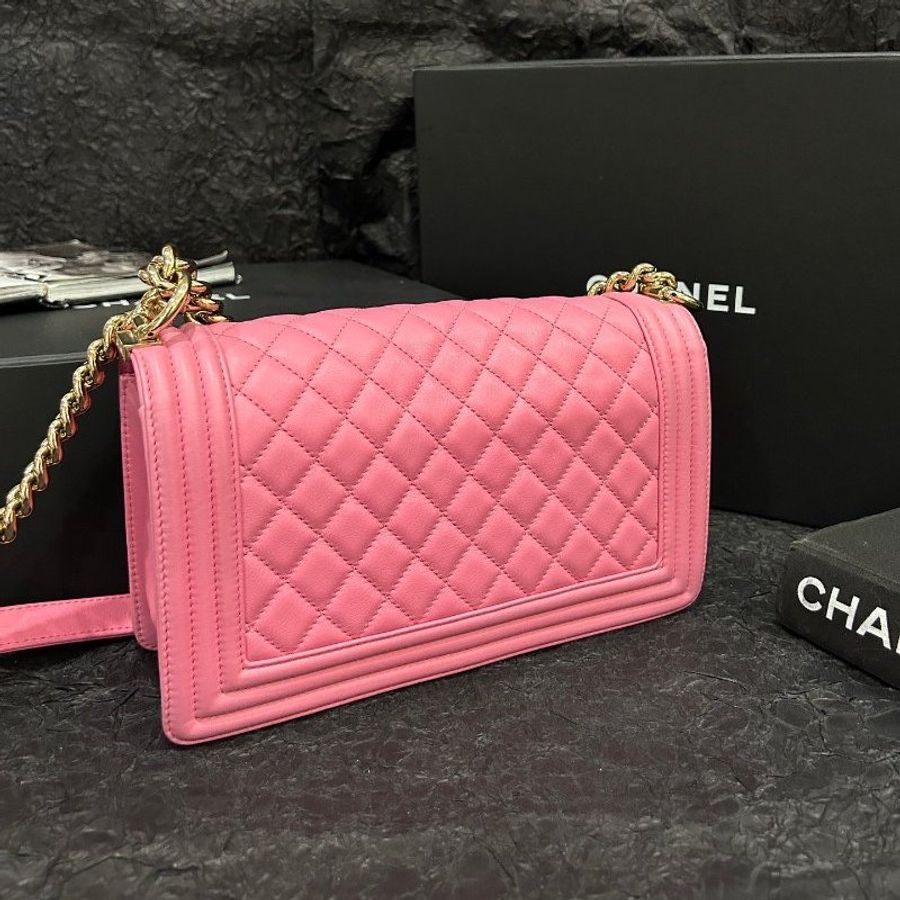 香奈兒/Chanel Leboy中號粉色金扣鏈條肩背包-7