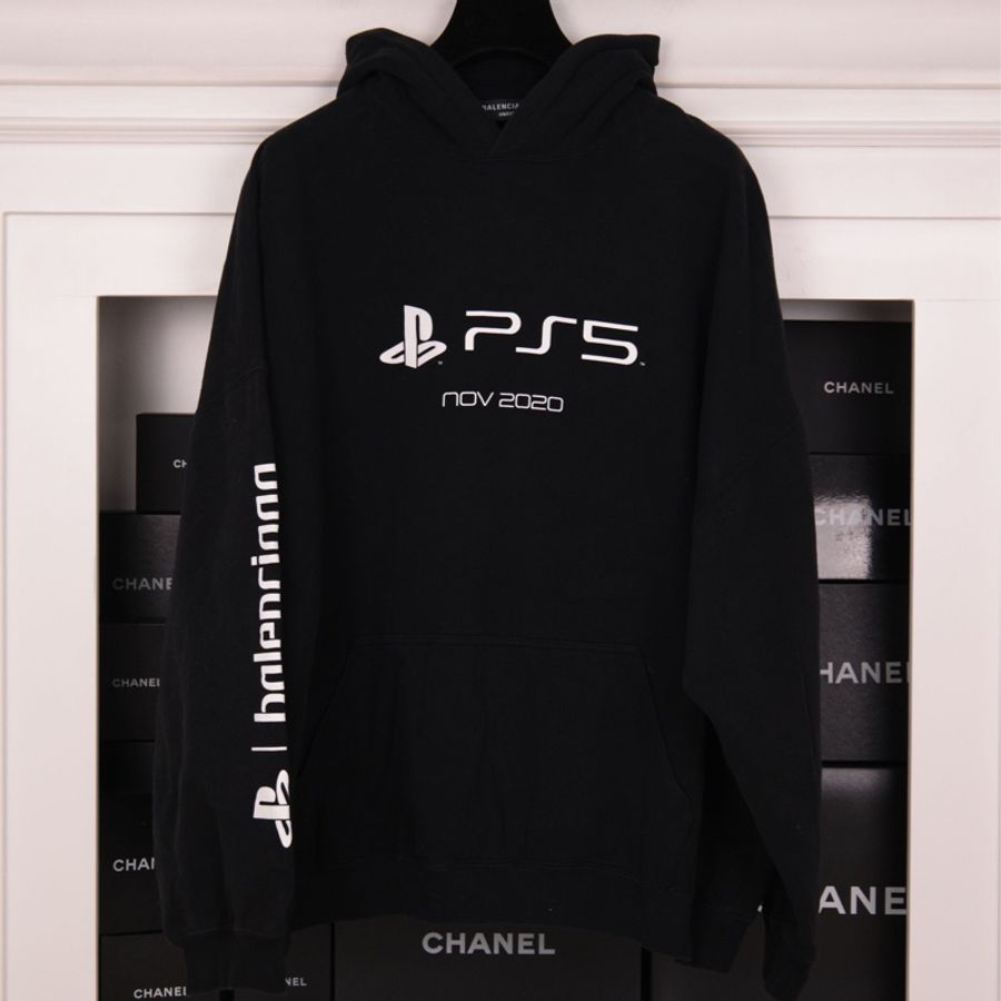 Balenciaga x PS5联名黑色加绒连帽套头卫衣外套-0