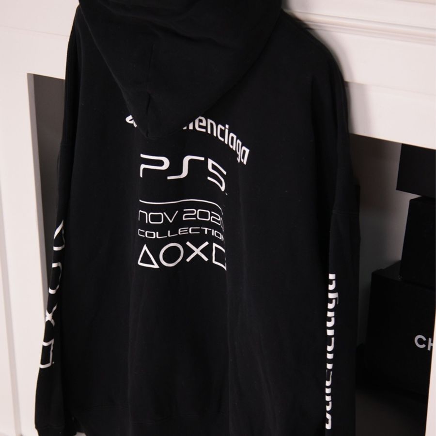 Balenciaga x PS5联名黑色加绒连帽套头卫衣外套-7